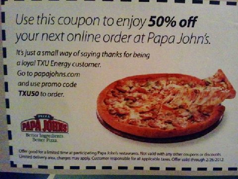 50% off Papa Johns Online Order for TXU Customers - My Crazy Savings